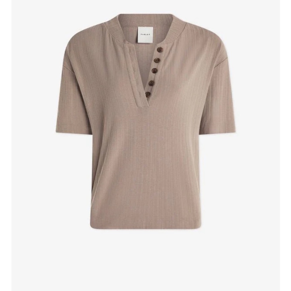 Varley Short-Sleeve Ribbed Henley Top in Taupe